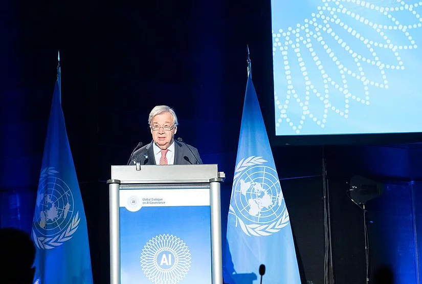 Photo of UN Secretary-General António Guterres speaking at the Opening Ceremony of the Global Dialogue on AI Governance.
