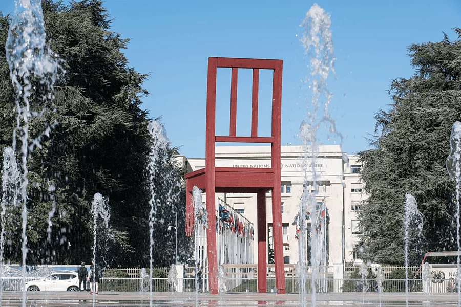 "The Broken Chair", a monument to landmine victims and symbolic appeal for respect for human rights in front of Place des Nations in Geneva