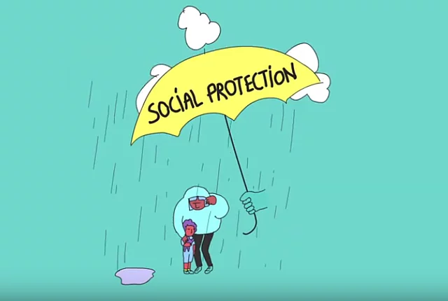 A hand holding an umbrella with the writing "Social Protection" over an adult and a child to protect them from rain.