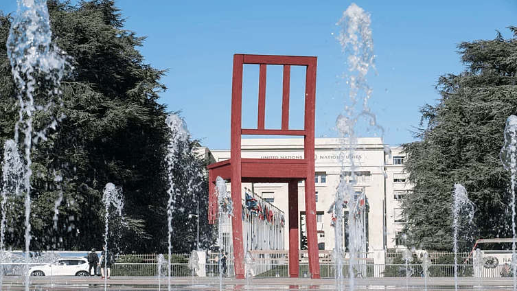 "The Broken Chair", a monument to landmine victims and symbolic appeal for respect for human rights in front of Place des Nations in Geneva