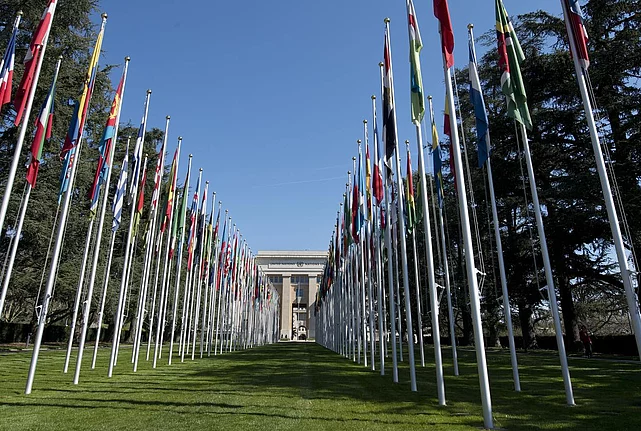 Flags on the Avenue of the United Nations in Geneva. 9 April 2015