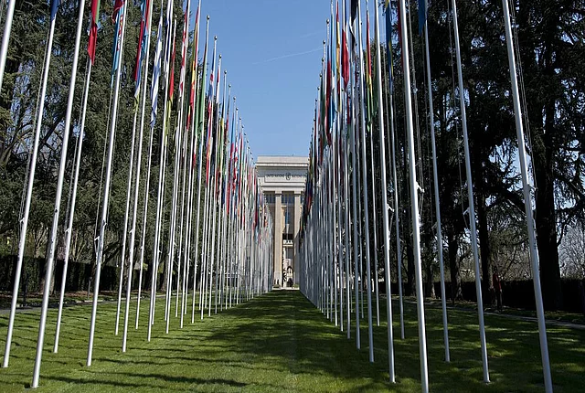 Flags on the Avenue of the United Nations in Geneva. 9 April 2015