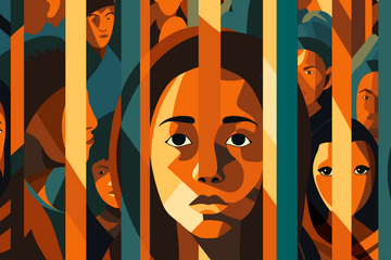 Graphic of a woman behind bars, freeing herself from the bars. Other imprisoned people can be seen in the background.